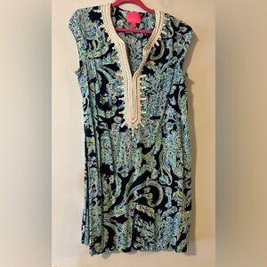 Lilly Pulitzer XL Short Sleeve Navy Print Rayon Dress Soutache Trim EUC